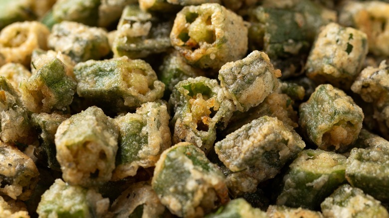 Close up of pile of fried okra