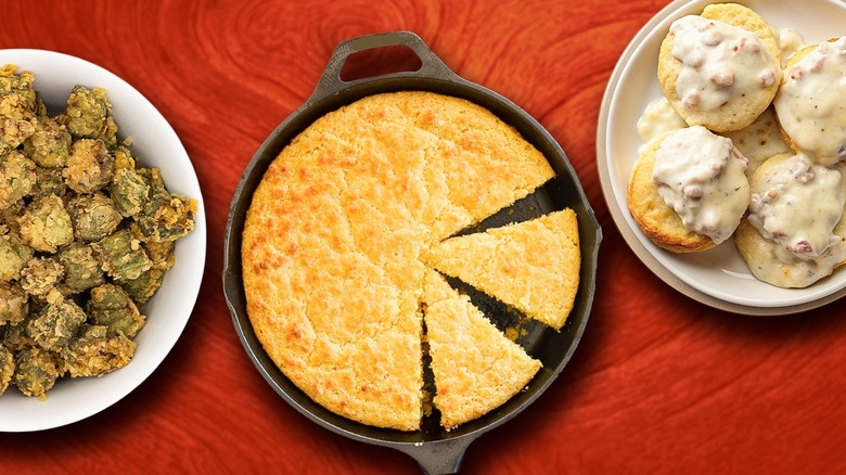 Images of a plate of fried okra, plate of biscuits and gravy, and cast iron skillet with cornbread superimposed on wooden surface
