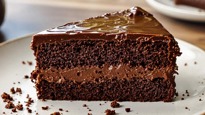 Close up of a slice of two layer chocolate cake with chocolate icing on a white plate