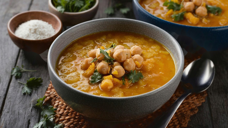 A rustic gray bowl filled with an herb topped chickpea soup
