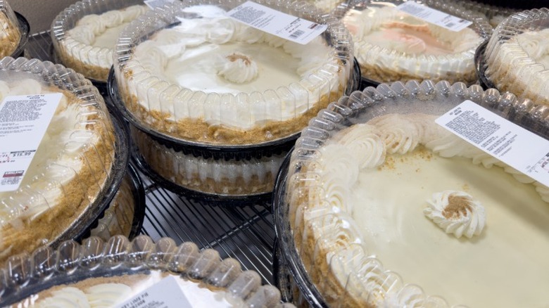 rows of packaged Costco Key lime pies on a shelf