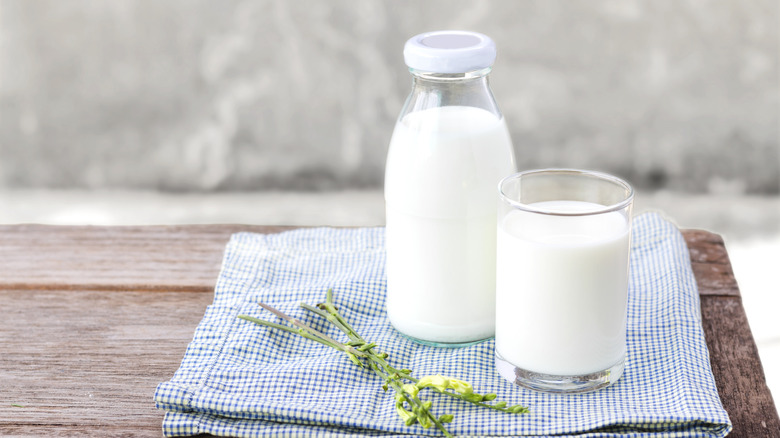 Glass and bottle of milk on table