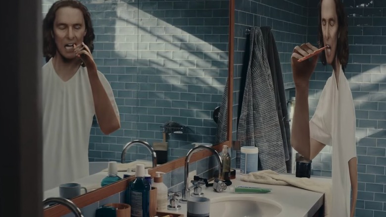 Matthew McConaughey brushing his teeth in Doritos' 2021 Flat Matthew Super Bowl commercial