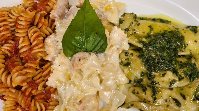 Pasta Mista special of Angulotti Pesto, Farfale Pana with Salmon , Fusilli Pomodoro from Dante & Luigi's