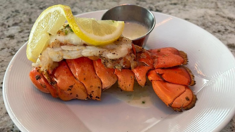 Lobster tail with butter and lemon at Ristorante DellaSantina on a white plate