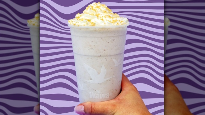 Hand holding a Wawa cheesecake cream smoothie with whipped cream and graham cracker crumble in front of a purple striped background