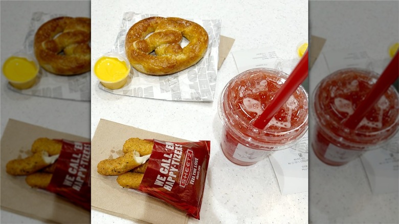A Sheetz pretzel on the wrapper next to a small container of mustard