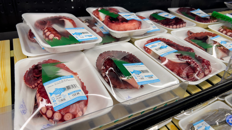 Packages of fresh octopus for sale at an H-Mart.