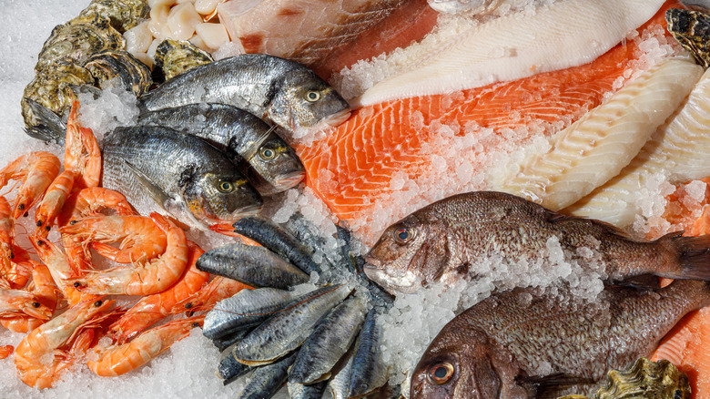 An assortment of whole and fish fillets, shrimp, and shellfish on ice