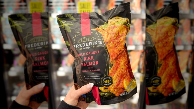 A bag of wild caught pink salmon from Frederik's by Meijer brand