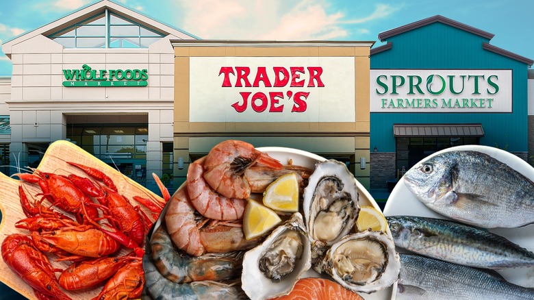 Composite image of variety of seafood and store signs