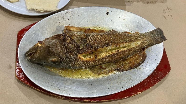 Whole baked branzino served on plate