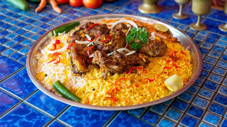 Grilled meat on saffron rice