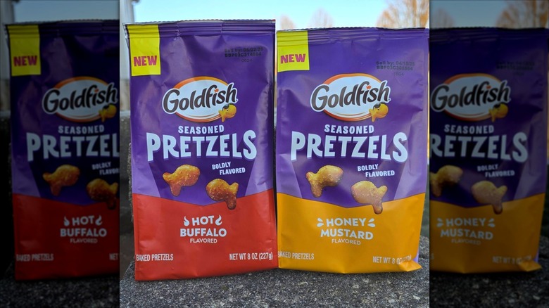 Bags of seasoned pretzel Goldfish snacks