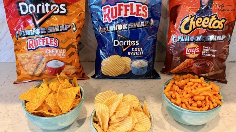 Flavor swap chip bags and chips in bowl on counter