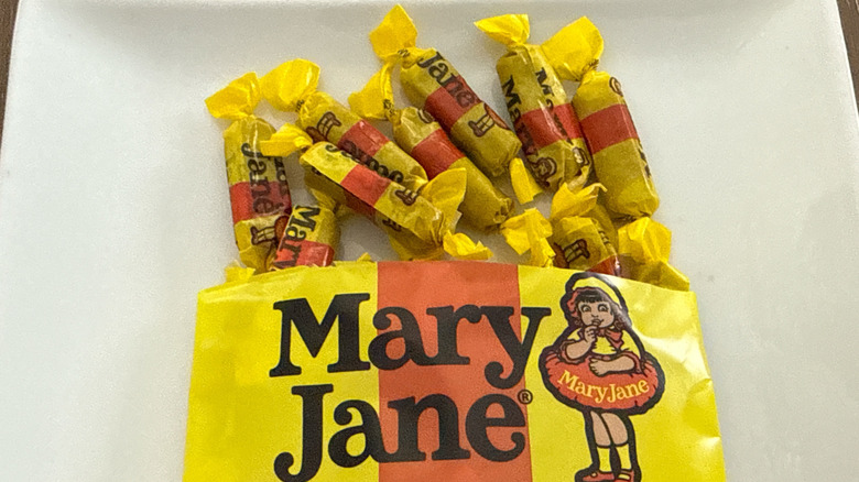 Mary Jane candy on a white plate