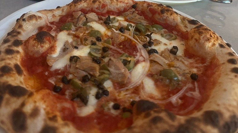 Close-up of a whole Neapolitan-style pizza topped with tomato sauce, fresh mozzarella, tuna, green and black olives, and onion on a white plate