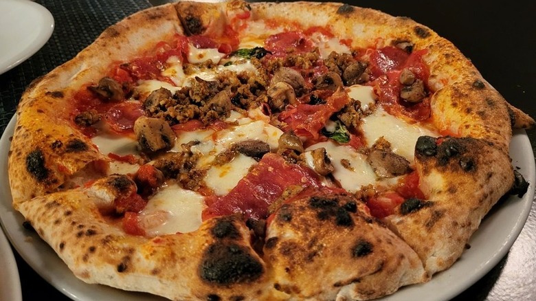 A whole, but cut, Neapolitan-style pizza topped with red sauce, fresh mozzarella, soppressata, sausage, mushrooms, and basil on a white plate set on a dark surface