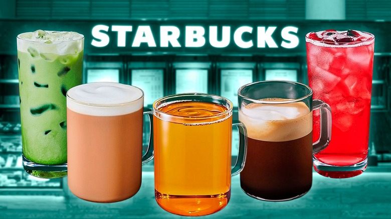 Starbucks drinks in front of Starbucks sign