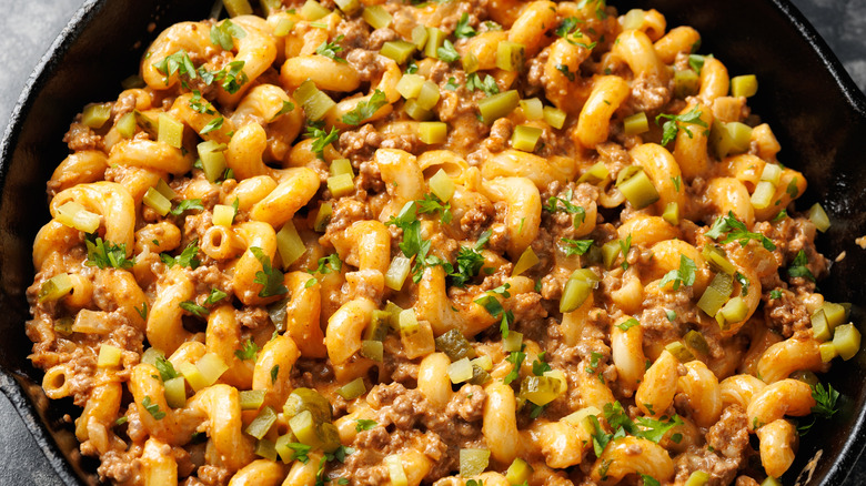 Macaroni and cheese with ground beef in a pot