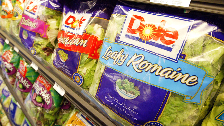 Bagged salad mixes displayed on grocery store shelves