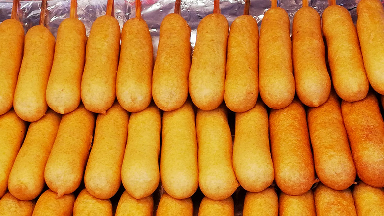 Rows of corn dogs