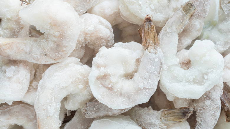 Frozen raw shrimp closeup
