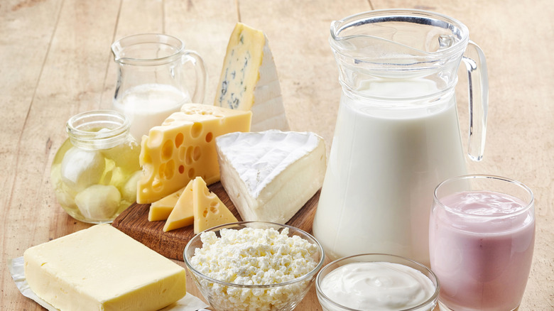 Assorted dairy products on a wood table, including cheese, butter, cottage cheese, yogurt, kefir, and milk