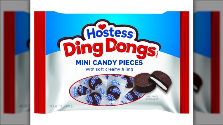 Bag of Hostess Ding Dongs Mini Candy Pieces on white background