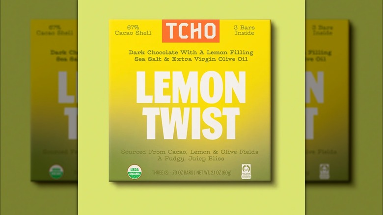 TCHO Lemon Twist Bar on light green background