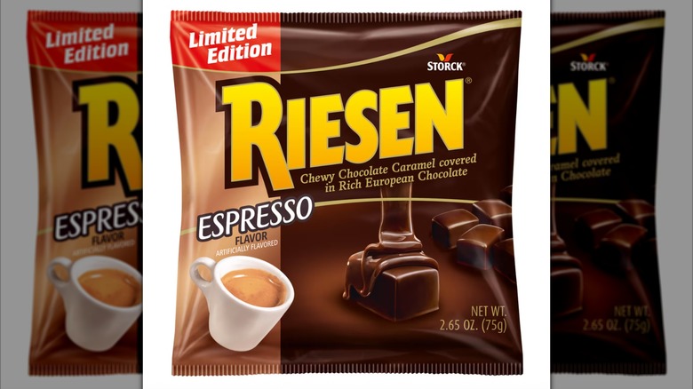 Bag of Riesen Espresso chewy chocolate caramels on white background