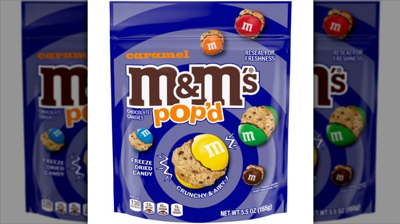 Bag of Pop'd Caramel M&M's on white background