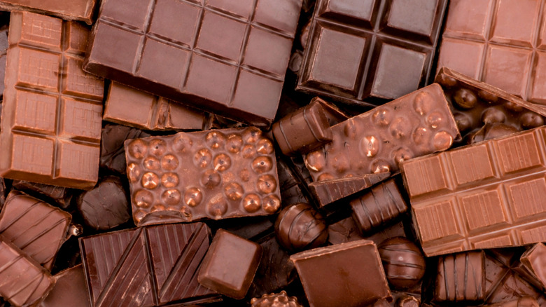 A close up on an assortment of unwrapped chocolate candies