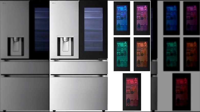 LG French Door Refrigerator on a white background, mirrored