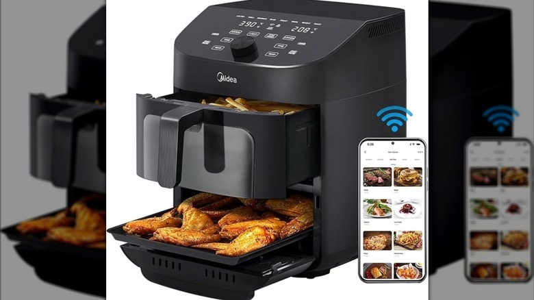 Midea Twin-Basket Air-fryer on a white background, mirrored