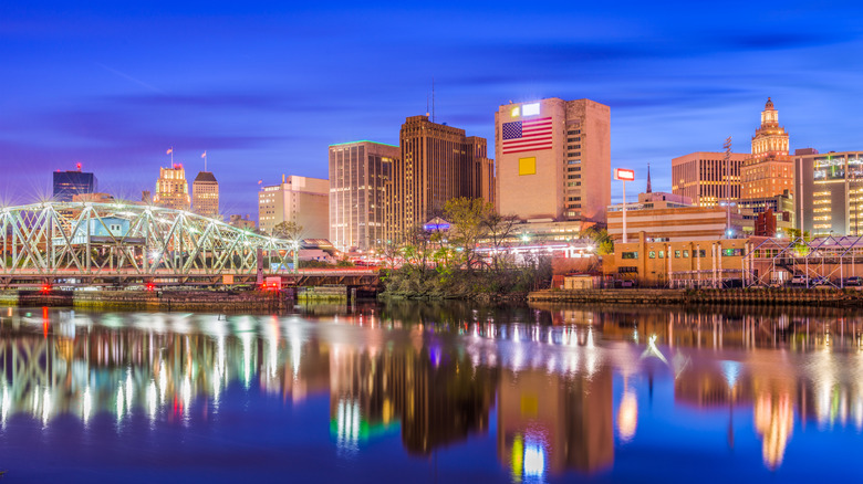 The skyline of Newark, New Jersey, in the evening
