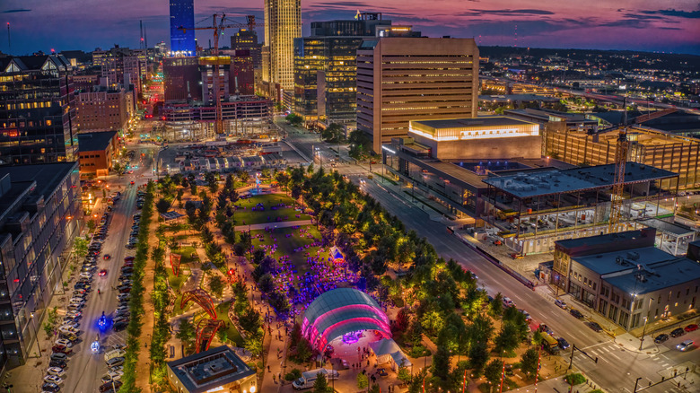 Aerial view of Omaha, Nebraska, at night