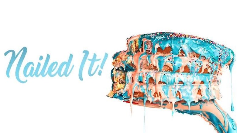 Official poster of Nailed It! A hand carries a layered cake dripping with icing