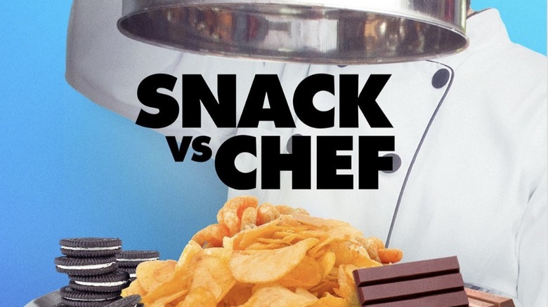 Promo poster of Snack vs Chef, with metal clothe lifting to reveal chocolates and chips