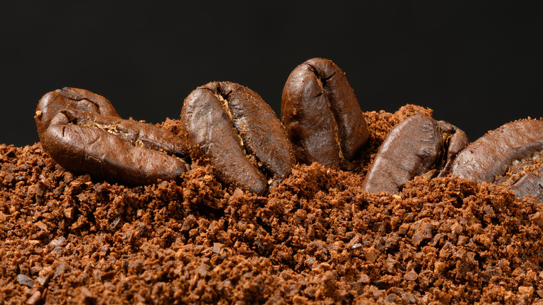 Roasted whole coffee beans on a pile of freshly ground coarse coffee