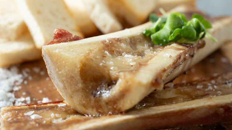 A closeup view of an entree of bone marrow