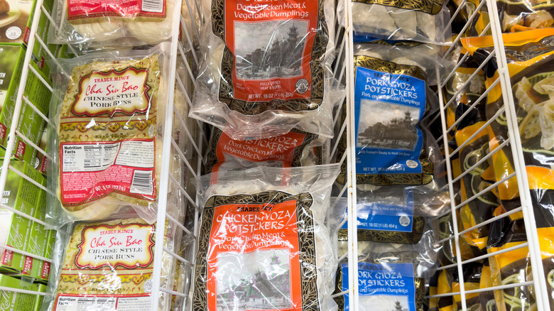 Overhead shot of Trader Joe's dumplings in a frozen case