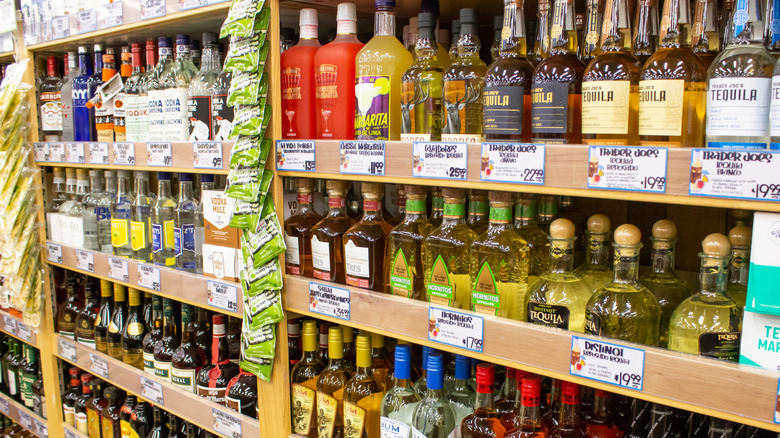 The liquor shelves at a Trader Joe's
