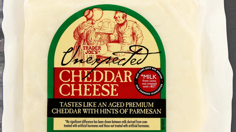 A close-up shot of Trader Joe's Unexpected Cheddar Cheese in packaging