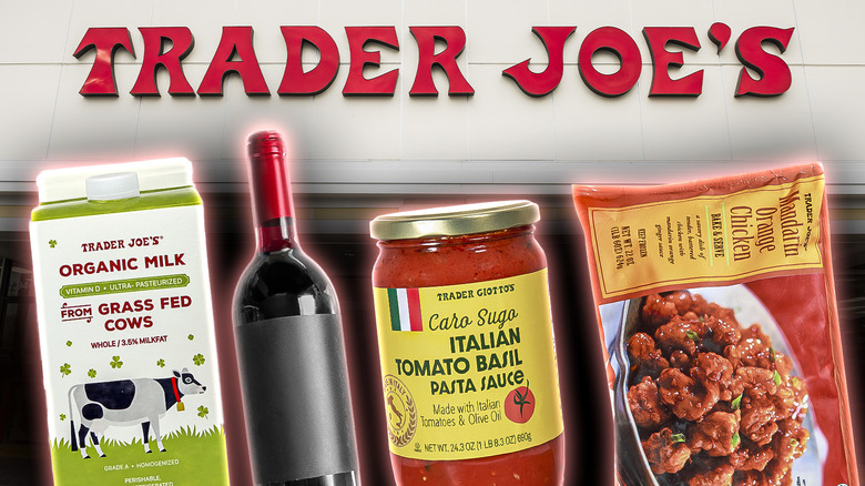 A composite image showing Trader Joe's signage above a carton of milk, bottle of wine, jar of pasta sauce, and frozen orange chicken