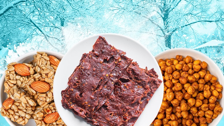 compilation photo of beef jerky, crispy roasted chickpeas, and homemade nutty granola bars in front of background of wintery street