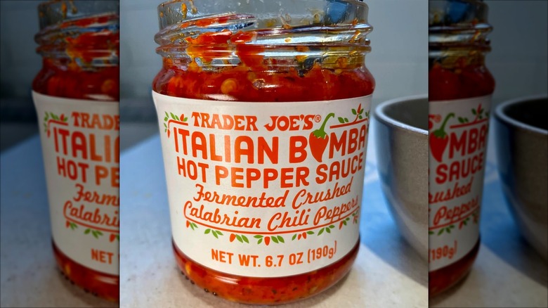 Open jar of Trader joe's italian bomba hot pepper sauce
