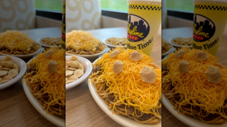 Skyline Chili plate of chili, spaghetti, and shredded cheese