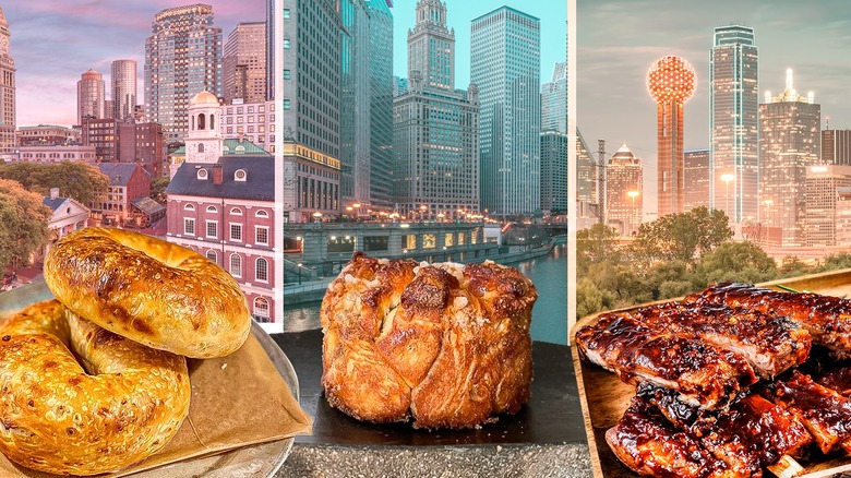 Split image showing three American cities with plates of food in front of them
