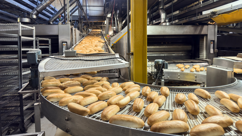 Bread moving down metal belt